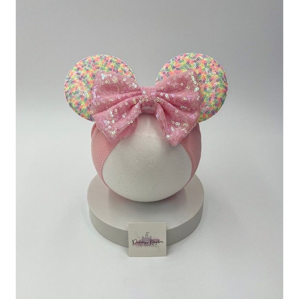 Baby Mouse Ears – Pastel Confetti with Pink Sequin Bow